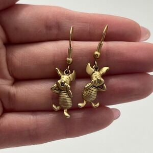 Disney Piglet Winnie the Pooh Dangle Earrings Gold Tone Vintage Style Character